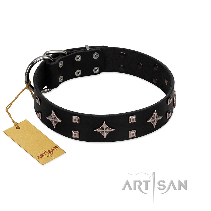 "Snappy Dresser" FDT Artisan Black Leather Amstaff Collar Adorned with Stars and Tiny Squares