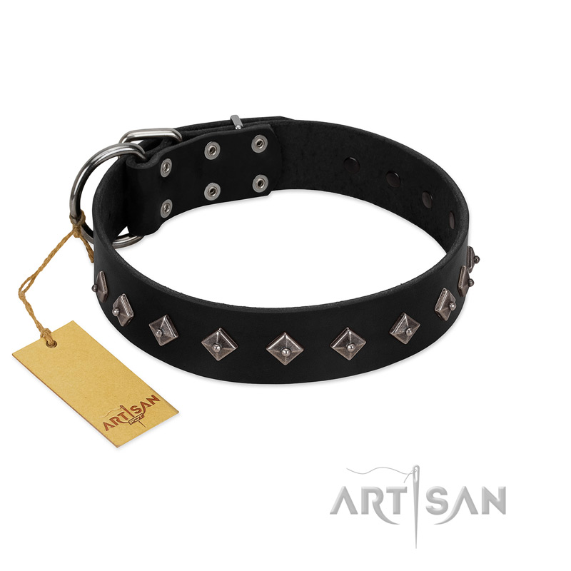 "Immense Power" Handcrafted FDT Artisan Black Leather Amstaff Collar with Small Dotted Pyramids