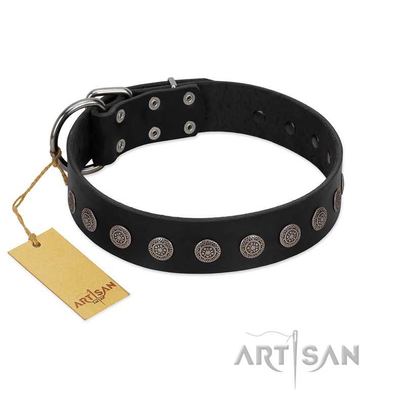 "Silent Star" Handmade FDT Artisan Designer Black Leather Amstaff Collar with Engraved Plates