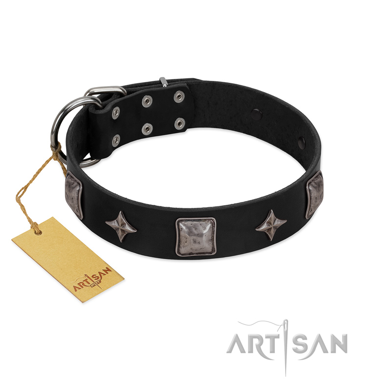 "Black Cavalier" Handmade FDT Artisan Black Leather Amstaff Collar with Silver-Like Stars and Large Plates