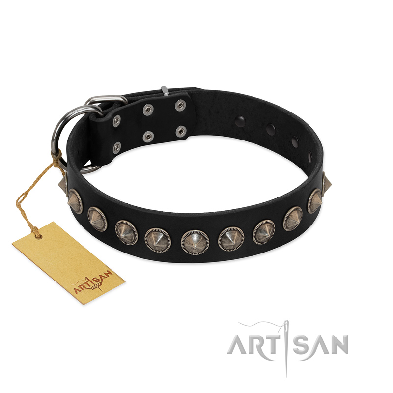 "Black Eagle" Handcrafted FDT Artisan Black Leather Amstaff Collar with Silver-Like Adornments
