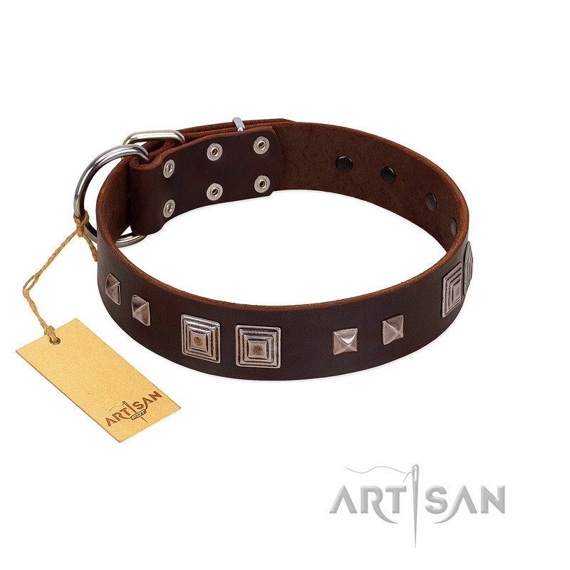 "Object of Virtu" FDT Artisan Brown Leather Amstaff Collar with Old Silver-like Square Studs and Pyramids