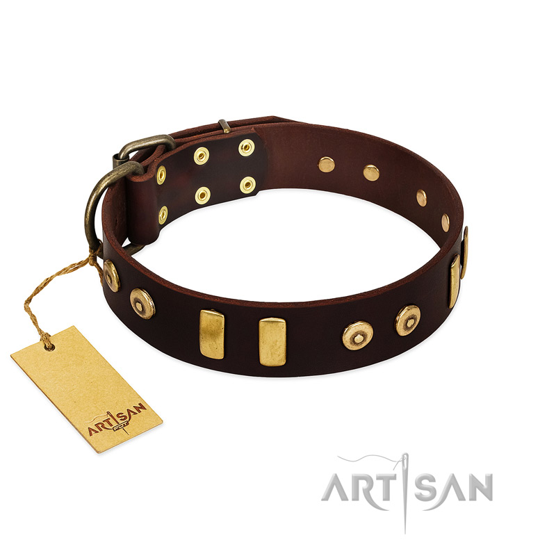 "Lord of Dogs" FDT Artisan Brown Leather Amstaff Collar with Old Bronze-like Dotted Studs and Tiles - Click Image to Close