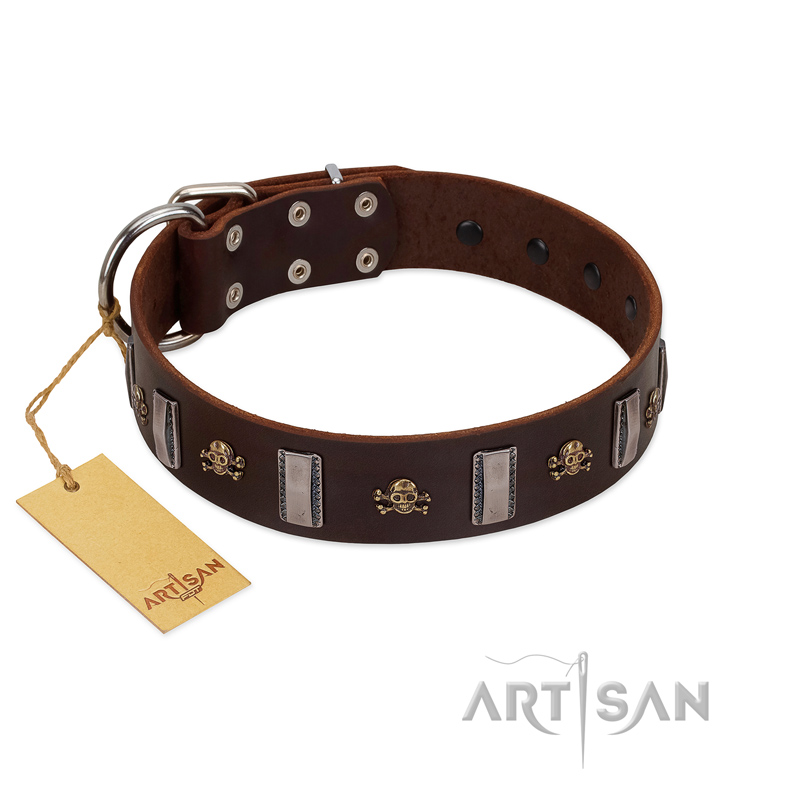 "War Chief" FDT Artisan Genuine Brown Leather Amstaff Collar with Skulls and Plates