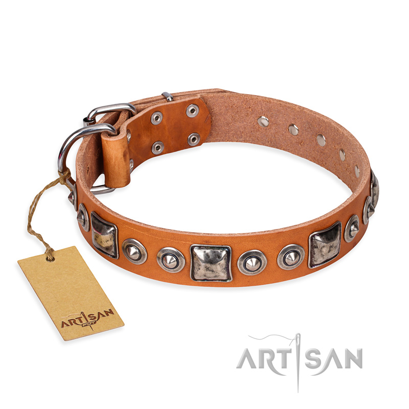 "Era of Future" FDT Artisan Handcrafted Tan Leather Amstaff Collar with Decorations