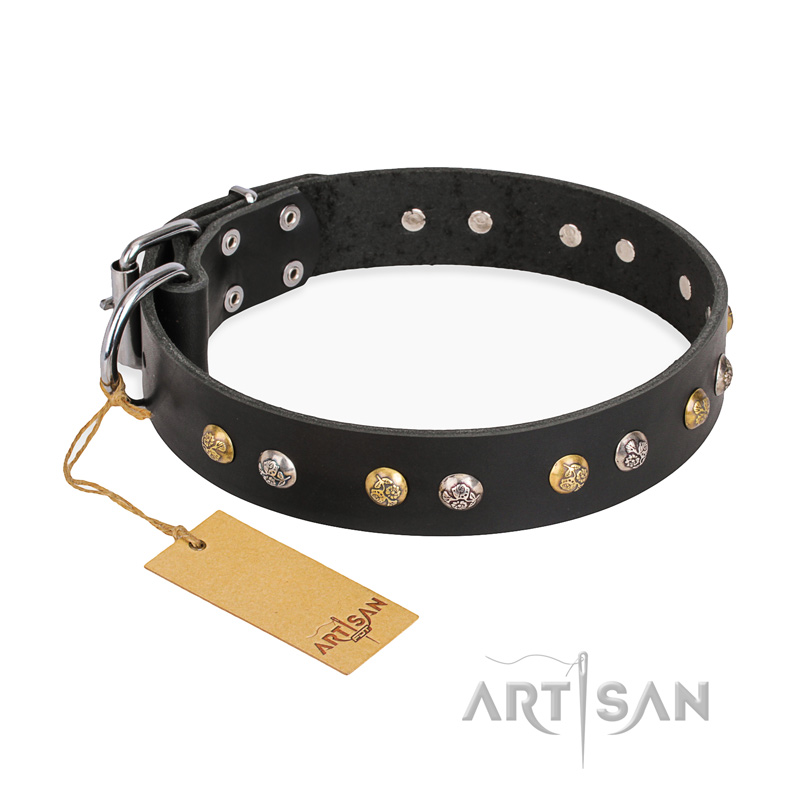 "Jewelry Peas" FDT Artisan Decorated Black Leather Amstaff Collar