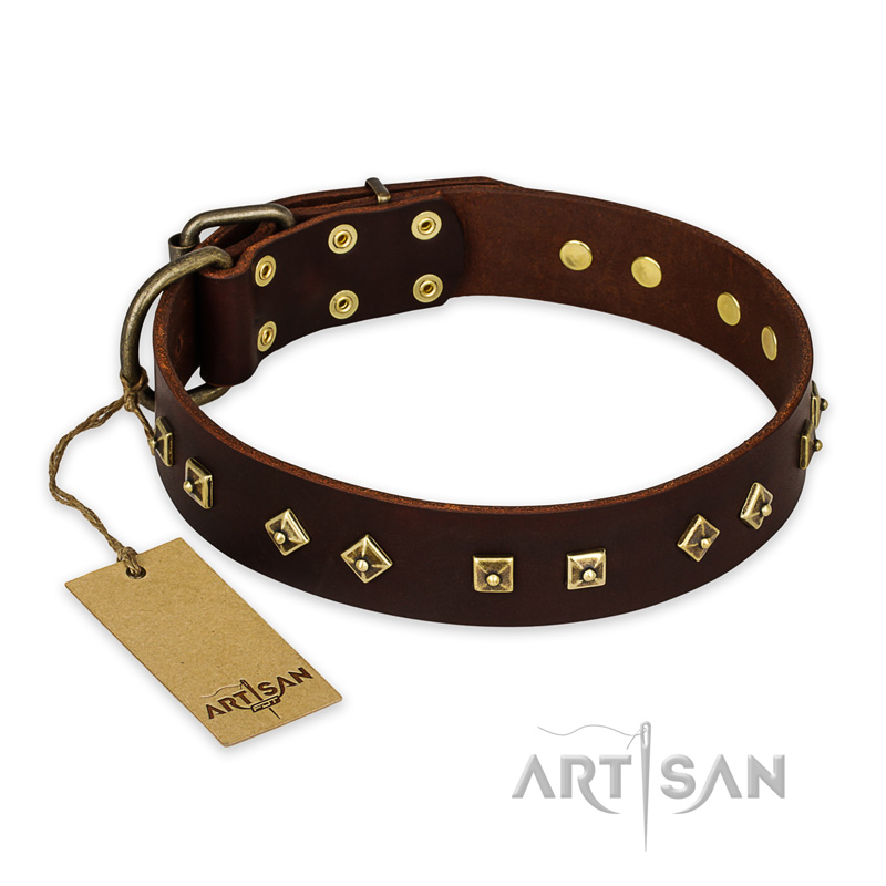 "Fashion Studs" FDT Artisan Decorated Leather Amstaff Collar with Old Bronze-Plated Steel Hardware
