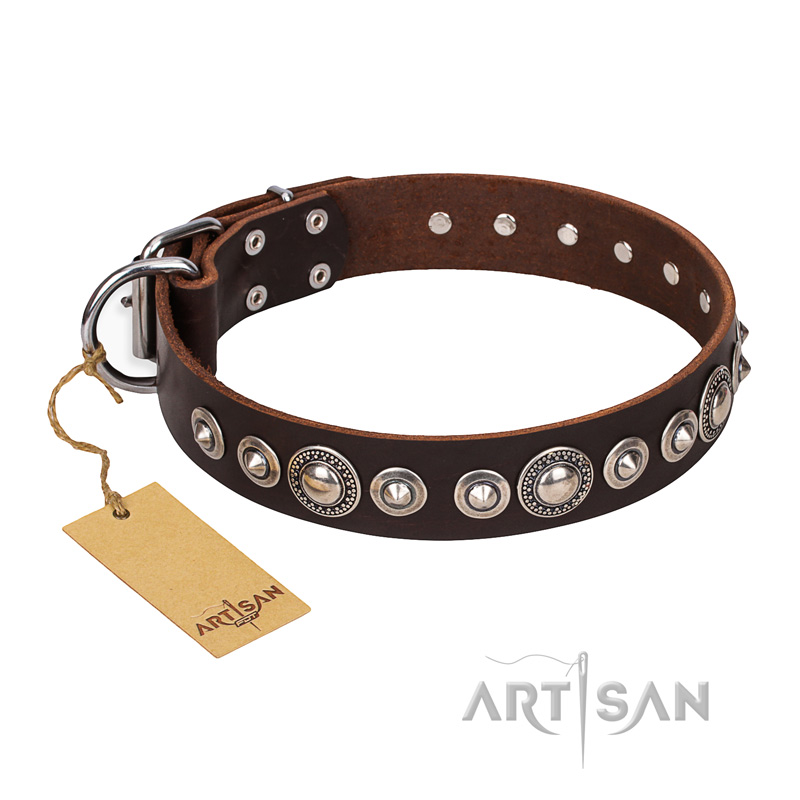 "Step and Sparkle" FDT Artisan Glamorous Studded Brown Leather Amstaff Collar