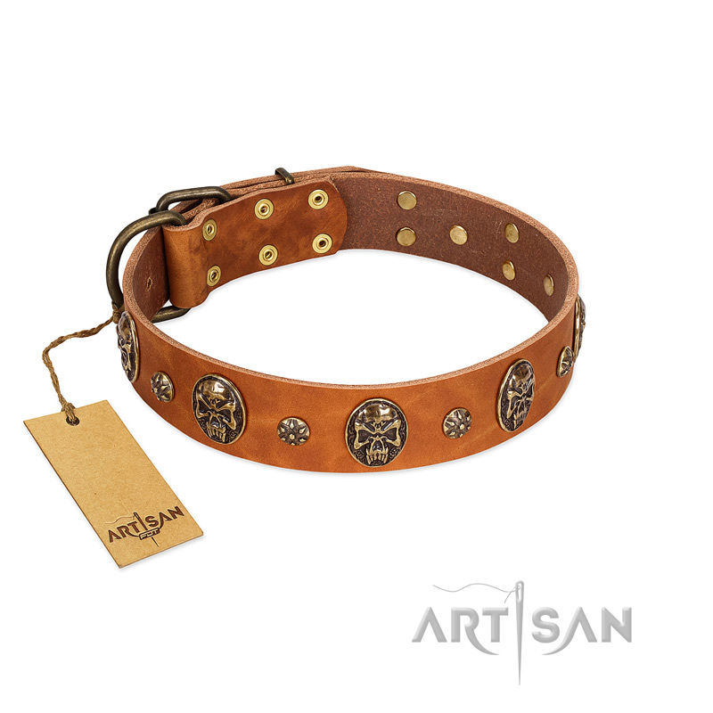"Rockstar" FDT Artisan Tan Leather Amstaff Collar with Engraved Studs and Medallions