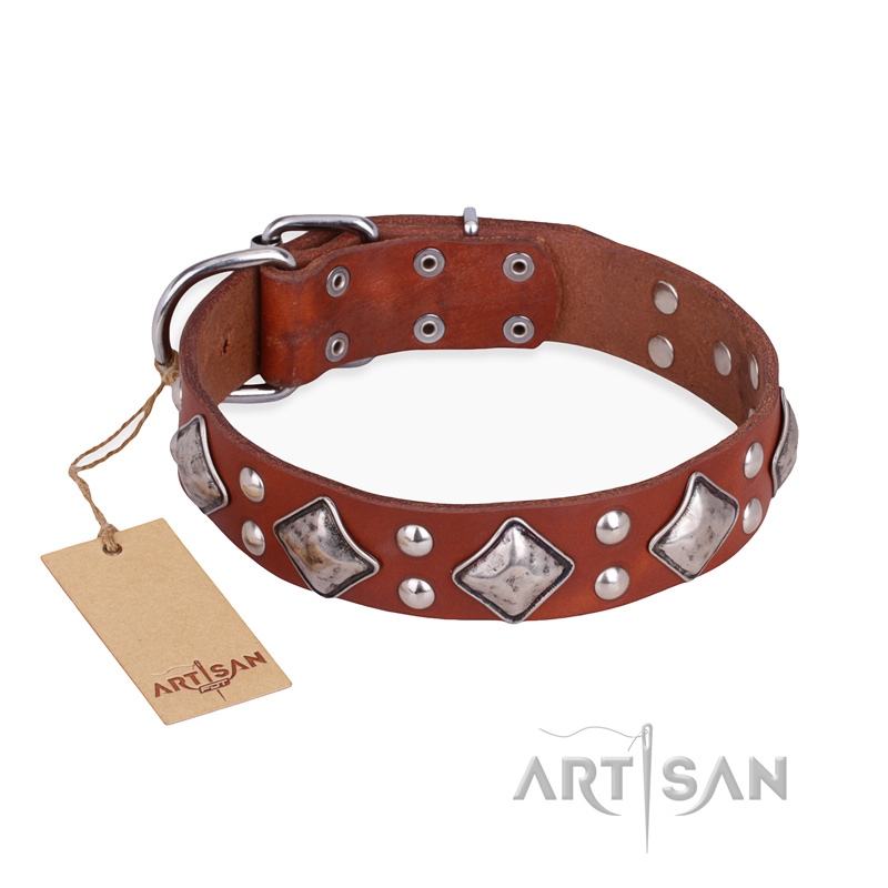 "Magic Squares" FDT Artisan Tan Leather Amstaff Collar with Silver-like Decor