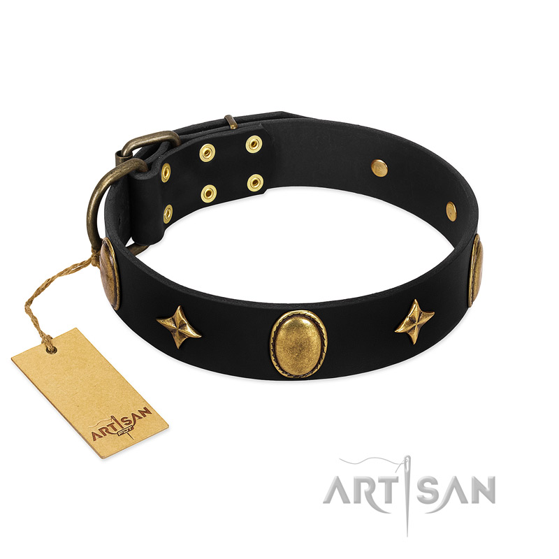 "Star Powder" FDT Artisan Black Leather Amstaff Collar with Ovals and Stars - 1 1/2 inch Wide
