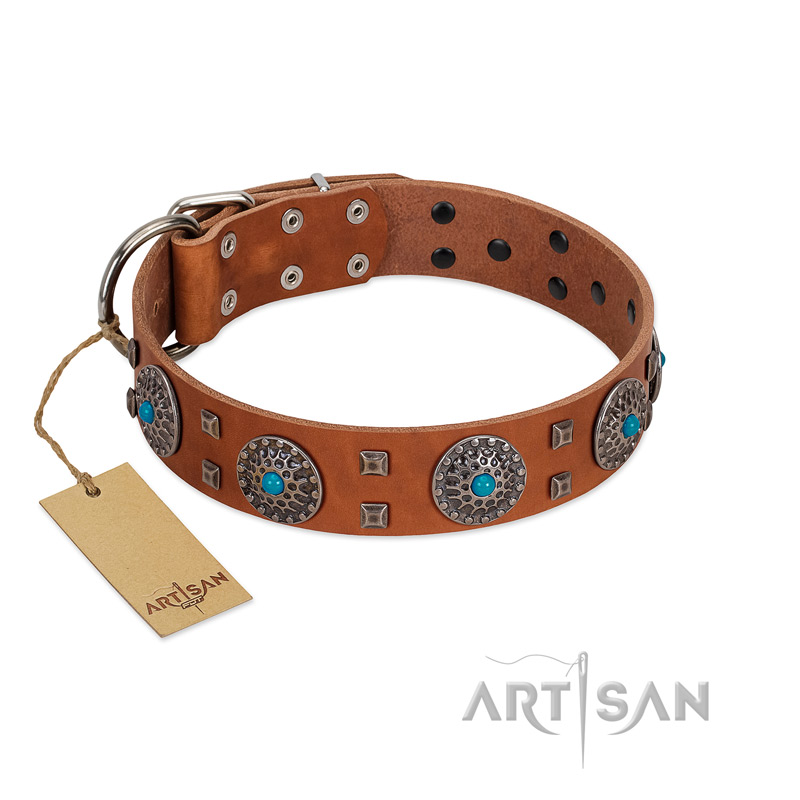 "Blue Sands" FDT Artisan Tan Leather Amstaff Collar with Silver-like Studs and Round Conchos with Stones
