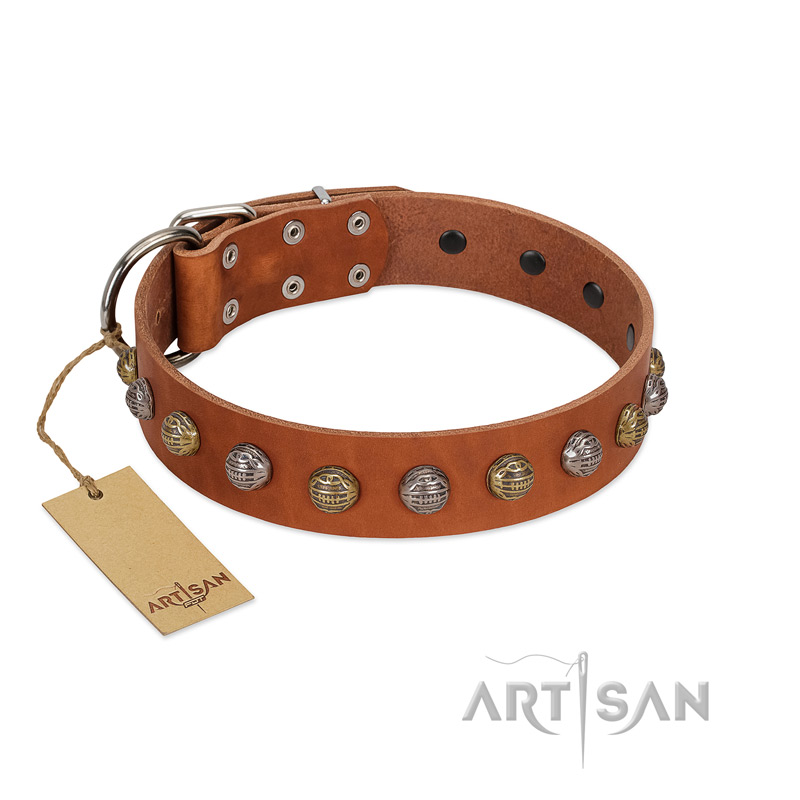 "Dogue-Vogue" FDT Artisan Tan Leather Amstaff Collar with Engraved Chrome-plated Studs